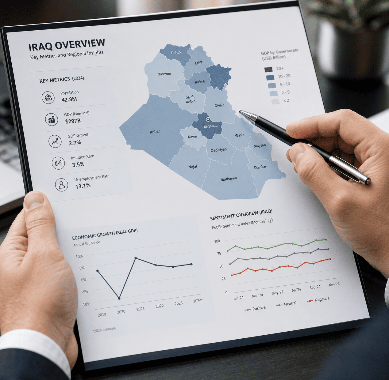 Expert Research and Data Oversight in Erbil A RunBir expert researcher reviewing a professional data map and sentiment analysis of the Kurdistan region on a digital tablet in a modern office.