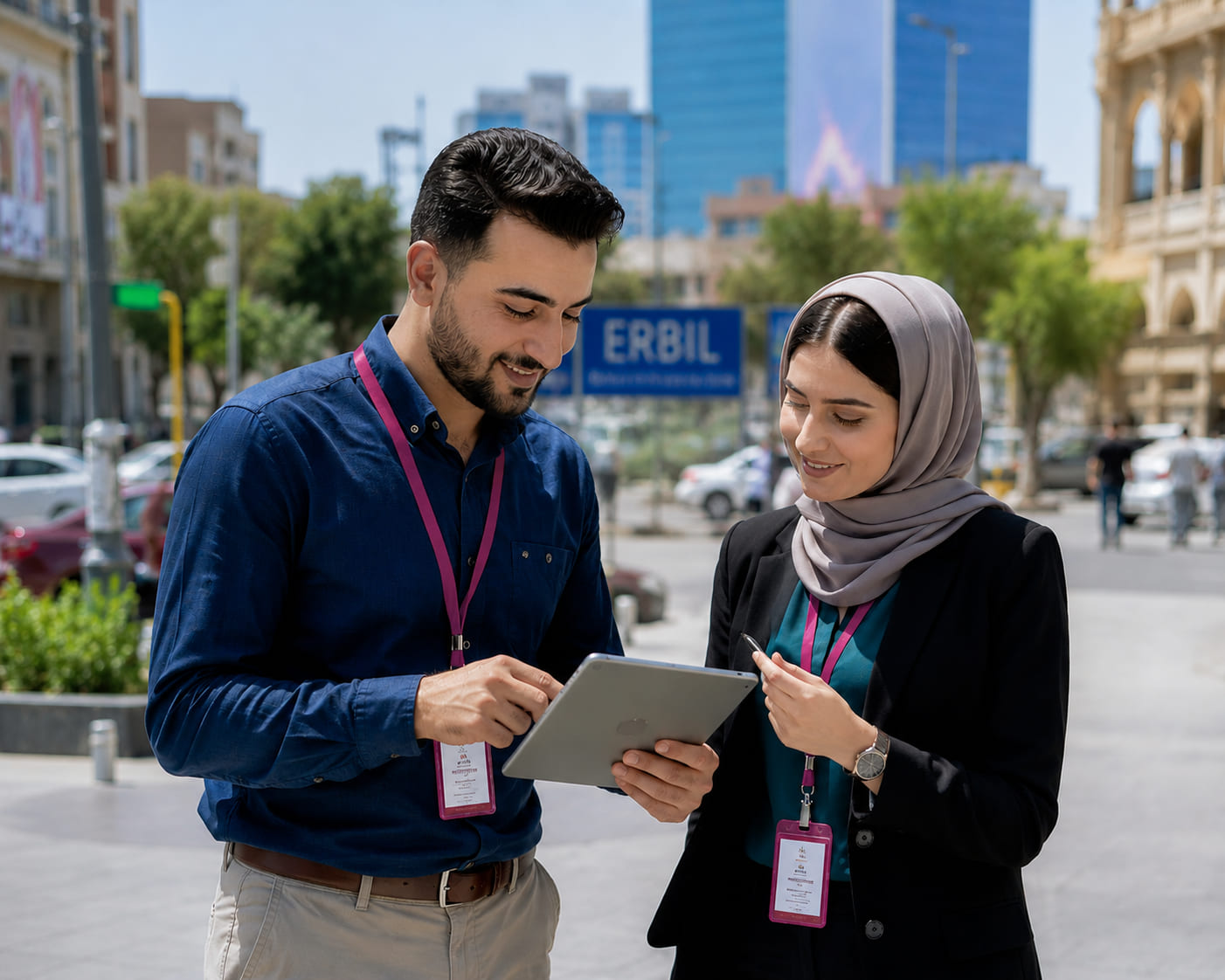 RunBir Youth Research Team Conducting Community Fieldwork Two young RunBir researchers, a man and a woman, using a tablet to conduct professional social research and community surveys in an authentic Erbil city setting.
